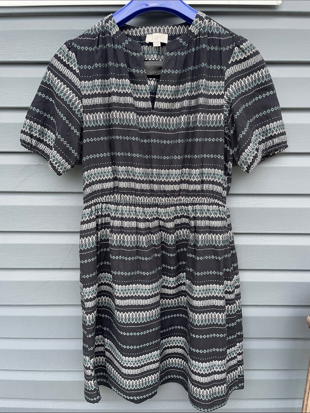 LOFT Black Midi Dress with White and Teal Stripes